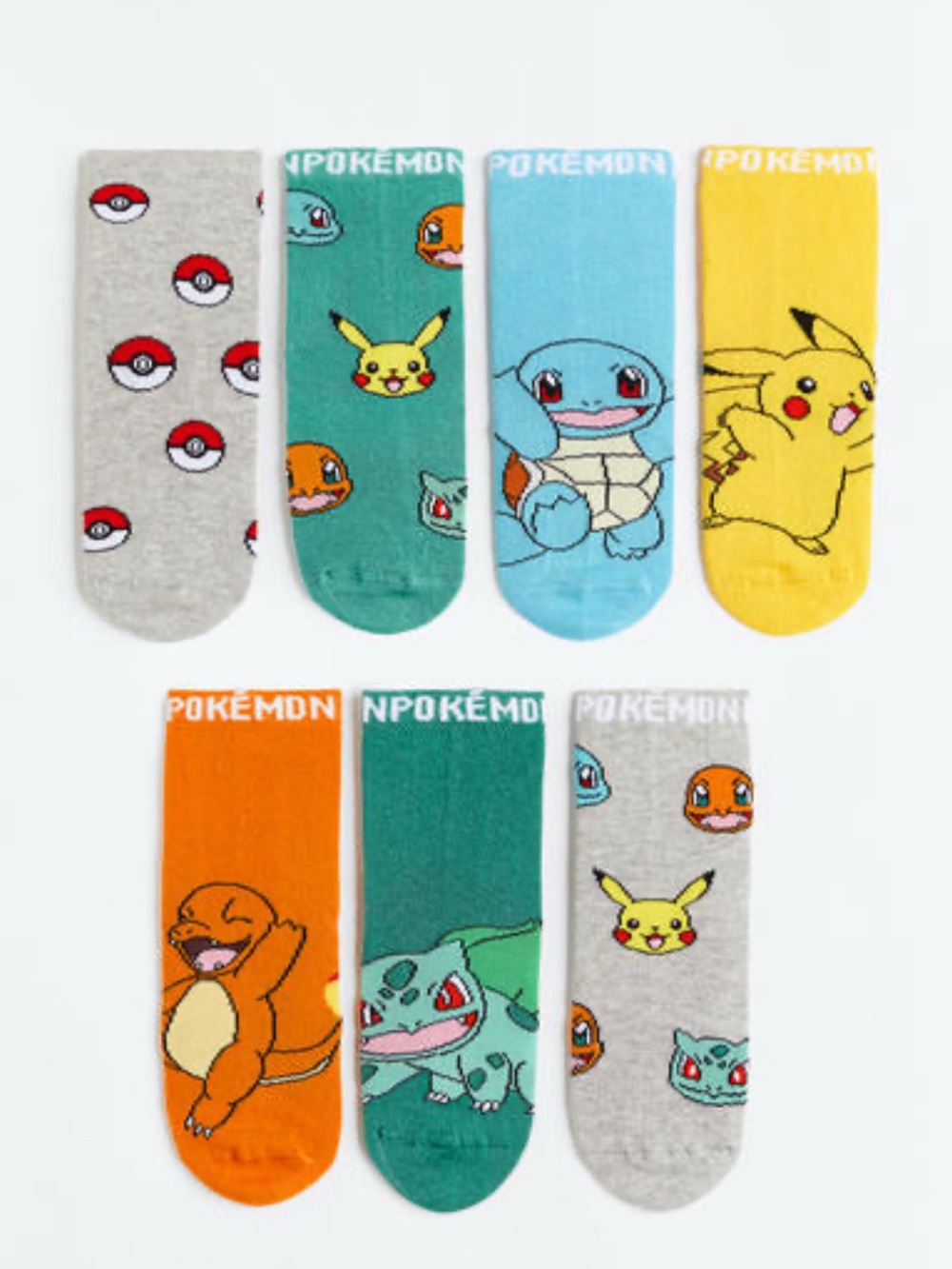H&M New 8-9.5 Pokemon Kids Socks 7 Pairs Pikachu Charmander Squirtle